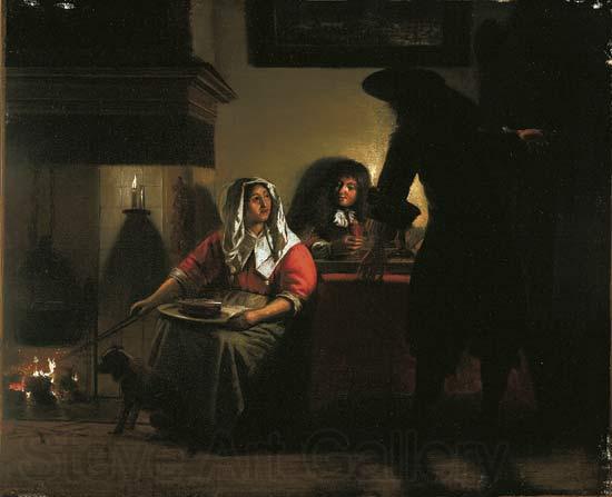 Pieter de Hooch Interior with Two Gentleman and a Woman Beside a Fire Norge oil painting art
